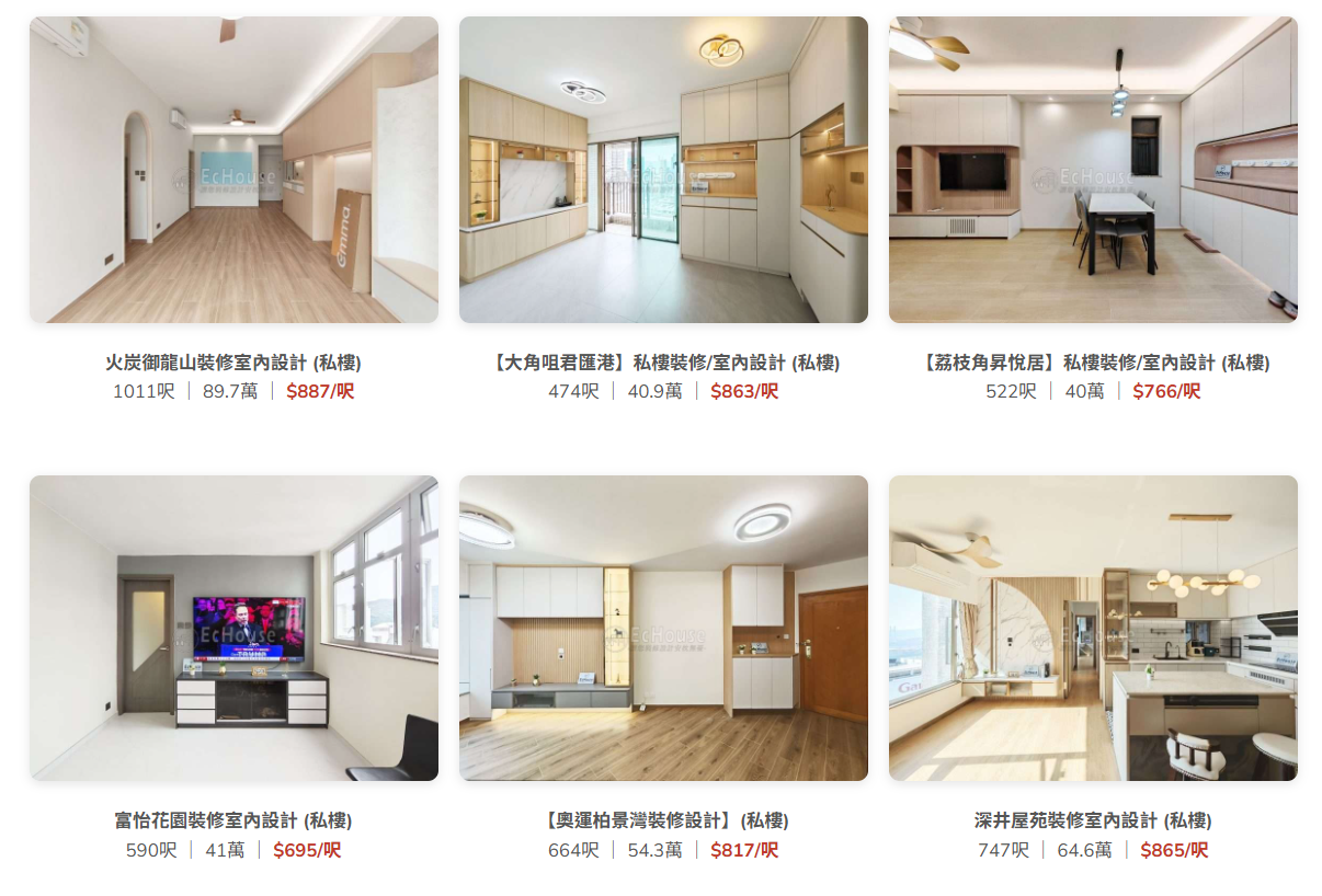 EcHouse 真實裝修案例呎價比較：御龍山 1011呎 $887/呎、君匯港 474呎 $863/呎、昇悅居 522呎 $766/呎等